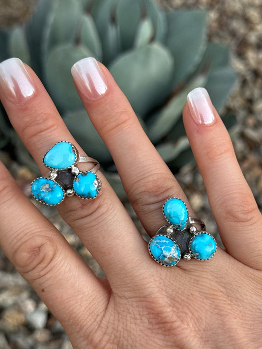 Turquoise triple stone Sterling silver ring, size 8