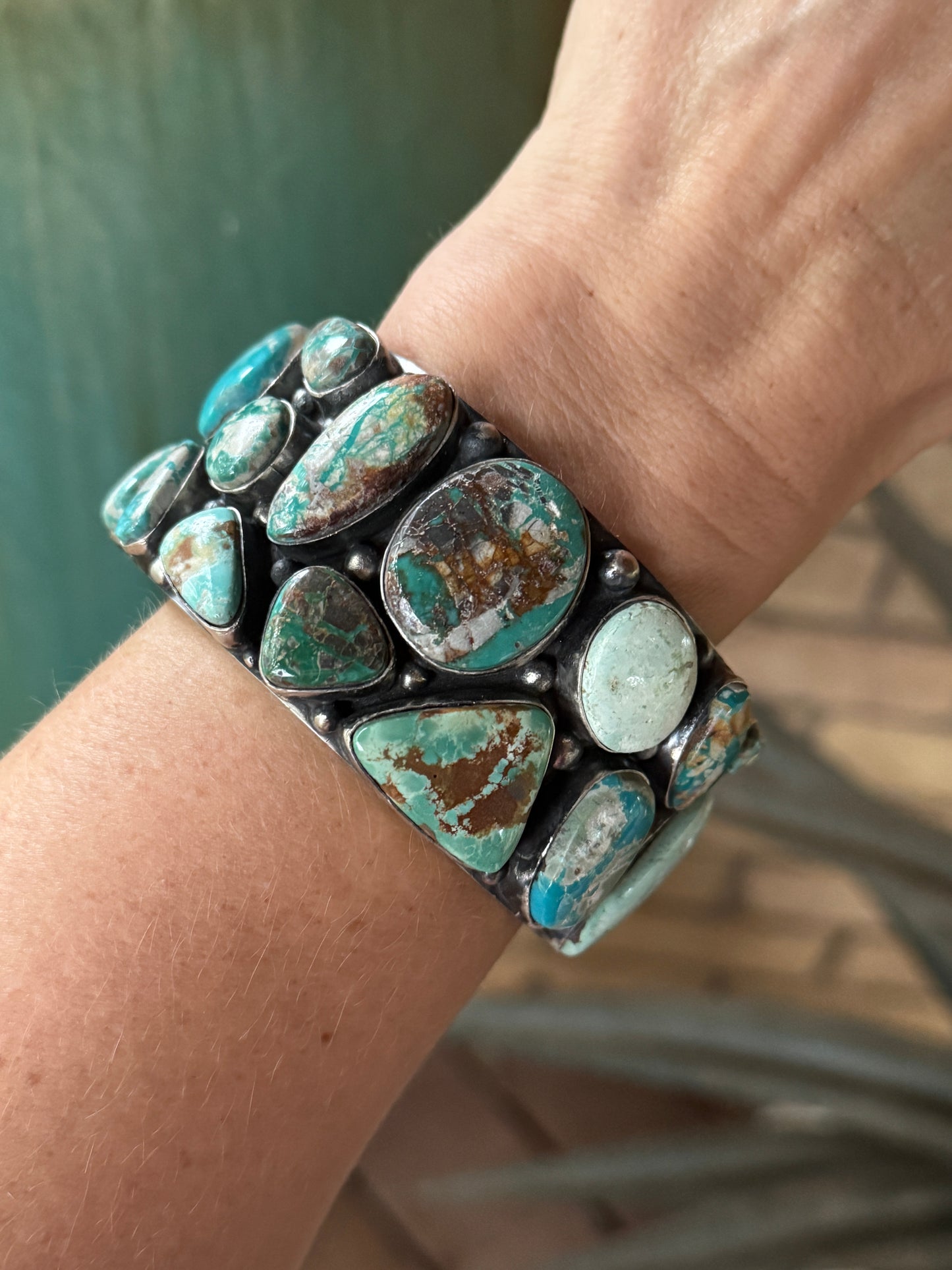 A Spencer mixed turquoise Sterling silver cuff