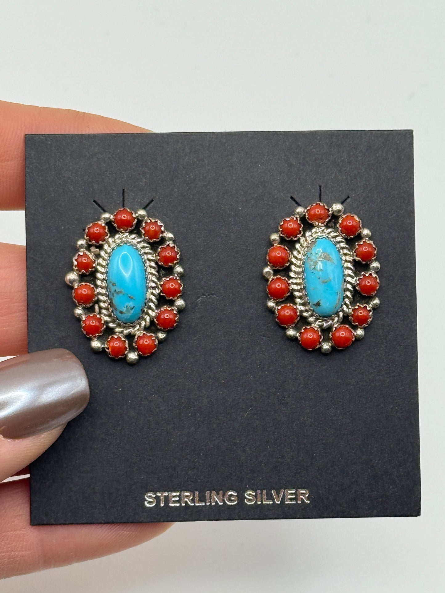 Coral and turquoise Sterling Silver oval earrings