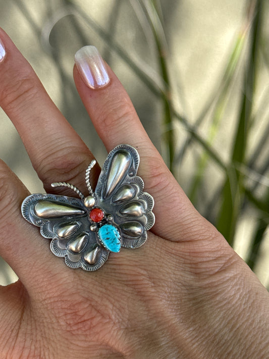 Butterfly sterling silver ring with turquoise, adjustable